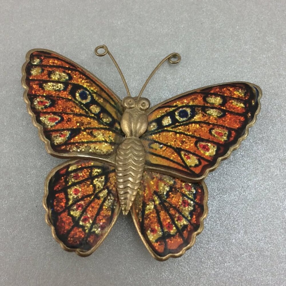 Vintage Metal Butterfly Brooch Pin Orange Gold Sparkly Glitter Fairycore